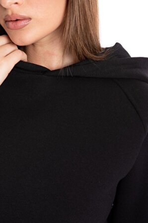 Kadın Siyah Kapüşonlu 3 Iplik Şardonsuz Polarsız Reglan Kol Sweatshirt S-104