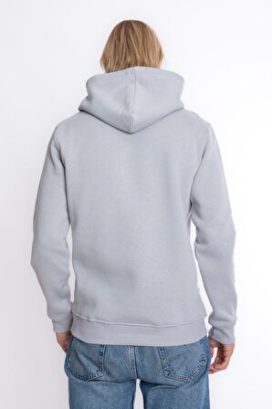 Erkek Gri Kapüşonlu Kanguru Cepli 3 Iplik Şardonlu Polarlı Sweatshirt S-204