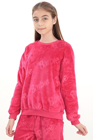 ORİJİNAL LİSANSLI BARBIE HAFİF PÜSKÜLLÜ OVERSIZE SOĞUK BASKILI PEMBE ÇOCUK SWEATSHIRT 57334PEMK