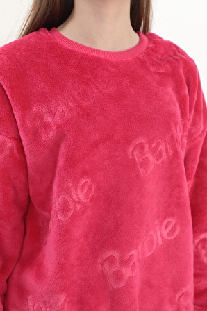 ORİJİNAL LİSANSLI BARBIE HAFİF PÜSKÜLLÜ OVERSIZE SOĞUK BASKILI PEMBE ÇOCUK SWEATSHIRT 57334PEMK