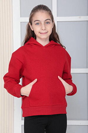 Kız Çocuk Kırmızı Kapüşonlu 3 iplik Şardonlu Polarlı Rahat Kesim Sweatshirt S302KIRM