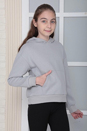 Kız Çocuk Gri Kapüşonlu 3 iplik Şardonlu Polarlı Rahat Kesim Sweatshirt S302GRİ