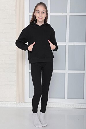 Kız Çocuk Siyah Baskısız Kapüşonlu 3 Iplik Şardonlu Polarlı Rahat Kesim Sweatshirt S302syh