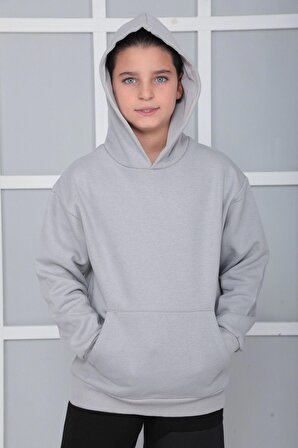 Erkek Çocuk Gri Kapüşonlu 3 iplik Şardonlu Polarlı Rahat Kesim Sweatshirt S402GRİ