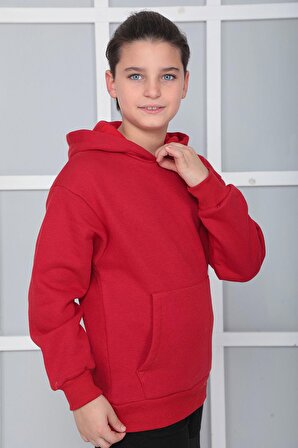 Erkek Çocuk Kırmızı Kapüşonlu 3 iplik Şardonlu Polarlı Rahat Kesim Sweatshirt S402KRM