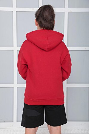 Erkek Çocuk Kırmızı Kapüşonlu 3 iplik Şardonlu Polarlı Rahat Kesim Sweatshirt S402KRM