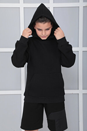 Erkek Çocuk Gri Kapüşonlu 3 iplik Şardonlu Polarlı Rahat Kesim Sweatshirt S402SYH