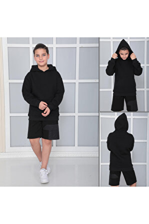 Erkek Çocuk Siyah Kapüşonlu 3 iplik Şardonlu Polarlı Rahat Kesim Sweatshirt S402SYH