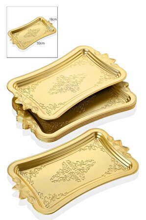 6 Adet Gold Dekoratif Metal Sunum Tepisisi Tek Kişilik Sunum Tepsisi 25 x 17 cm