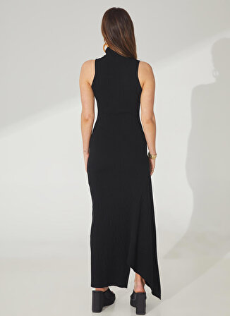 Akep Yarım Balıkçı Yaka Düz Siyah Midi Kadın Elbise VSKD01062