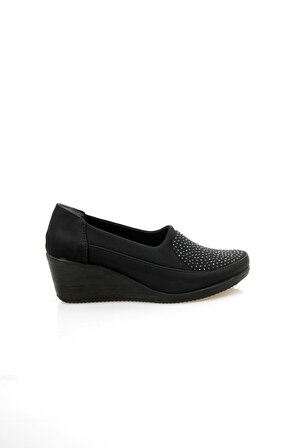 Siyah Dolgu Topuk Önü Taşlı Streçli Ayakkabı