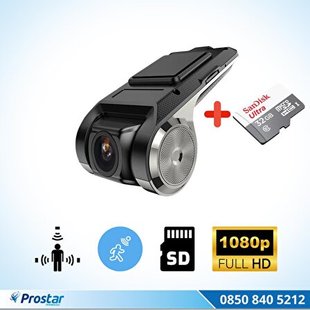 Araç Dvr Sürüş Kaydedici Kamera Usb Full HD (32 GB SD Kart Dahil) 1080P 170° Geniş Açı