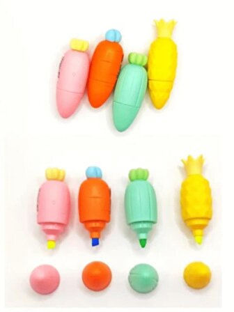 Renkli Havuç-Ananas- Fosforlu Kalem Seti, Mini İşaretleme Kalem Seti - 4 renk