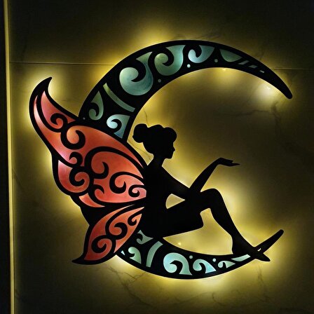 Veraart Epoksili Ahşap Aydaki Peri Kadın Figürlü Duvar Dekorlu Gece Lambası 35 cm