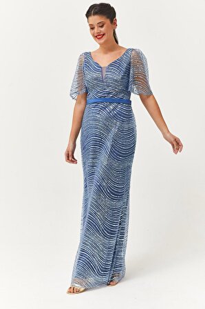 Kadın Büyük Beden Kuşak Detaylı Pullu Uzun Mavi Abiye & Davet Elbisesi
