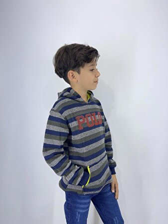 Erkek Çocuk Kapüşonlu Çizgili Kanguru Cepli Sweatshirt