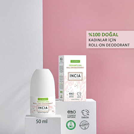 INCIA %100 Doğal Roll On Deodorant Kadınlar İçin Ter Kokusu Önleyici Lekesiz 50 ml X 2 Adet