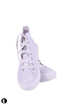 Kadın Beyaz Rahat Kalıp Keten Bilekli Günlük Spor Kalın Tabanlı -5cm- Bağcıklı Sneaker Ayakkabı