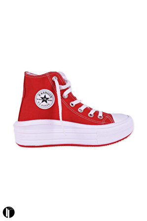 Kadın Kırmızı Rahat Kalıp Keten Bilekli Günlük Spor Kalın Tabanlı -5cm- Bağcıklı Sneaker Ayakkabı