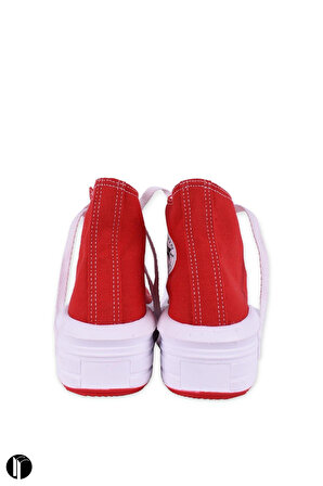 Kadın Kırmızı Rahat Kalıp Keten Bilekli Günlük Spor Kalın Tabanlı -5cm- Bağcıklı Sneaker Ayakkabı