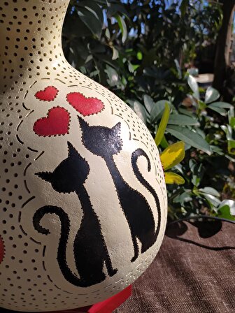 Kalpli Aşık Kediler Desenli Su Kabağı Lamba