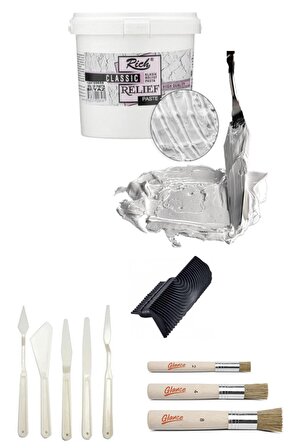 Rich Rölyef Pasta Klasik 1200 Gr Beyaz Stencil Fırça Seti Plastik Spatül Seti Doku Tarağı