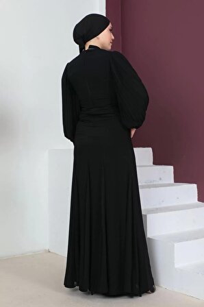 Kol Ve Göğüs Plise Detaylı Tesettür Abiye Elbise 751-Siyah