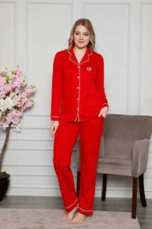 Kadın Kırmızı Beyaz Biyeli Gömlek Yaka Önden Düğmeli Cepli Uzun Kol Mevsimlik Pamuk Likra Pijama Takım
