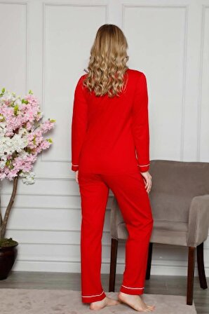 Kadın Kırmızı Beyaz Biyeli Gömlek Yaka Önden Düğmeli Cepli Uzun Kol Mevsimlik Pamuk Likra Pijama Takım