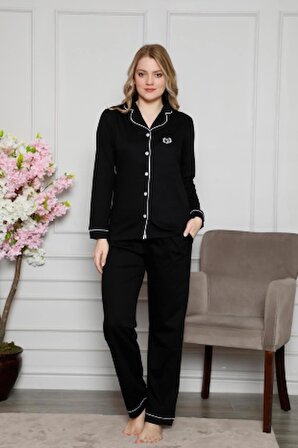 Kadın Siyah Beyaz Biyeli Gömlek Yaka Önden Düğmeli Cepli Uzun Kol Mevsimlik Pamuk Likra Pijama Takım