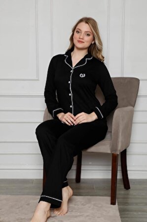 Kadın Siyah Beyaz Biyeli Gömlek Yaka Önden Düğmeli Cepli Uzun Kol Mevsimlik Pamuk Likra Pijama Takım