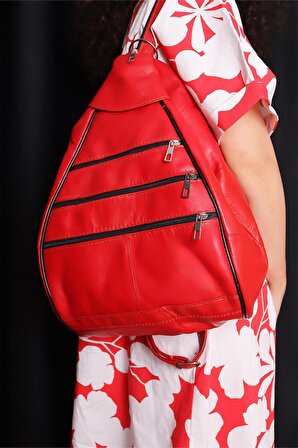 Kadın Kırmızı Ayarlanabilir Askılı Deri Sırt Çantası Omuz Çantası Kol Çantası Postacı Çanta