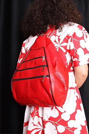Kadın Kırmızı Ayarlanabilir Askılı Deri Sırt Çantası Omuz Çantası Kol Çantası Postacı Çanta