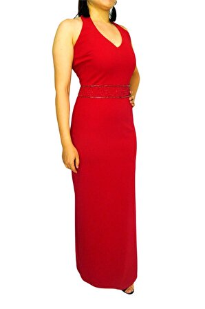 Kadın Kırmızı Beli İşli Abiye Elbise RS2134