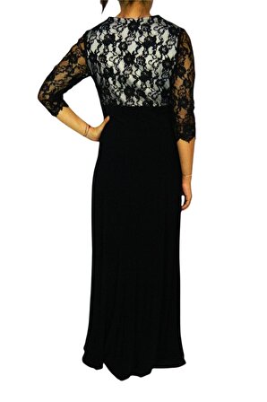 Kadın Siyah Taşlı Kemer Model Dantel V Yaka Elbise PRT66643