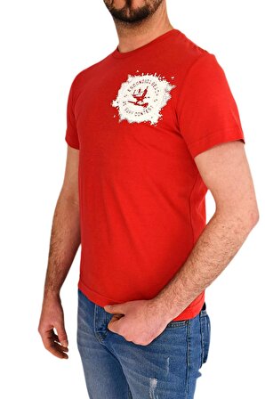 Erkek Kırmızı Baskılı Sıfır yaka Tişört M0512