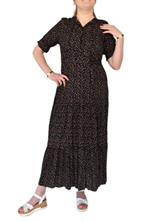 Kadın Çiçekli Kol Büzgülü Yaka Bağcıklı Elbise BGL-ST02110