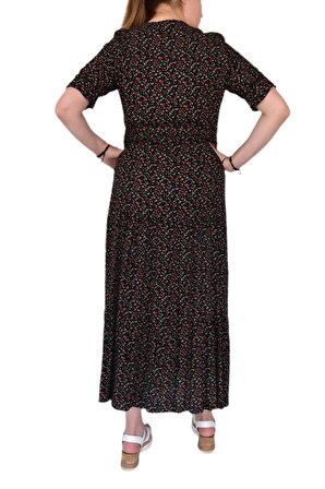 Kadın Çiçekli Kol Büzgülü Yaka Bağcıklı Elbise BGL-ST02110