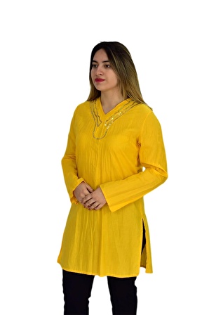 Kadın Sarı Kraş V Yaka Tunik AKR-0143