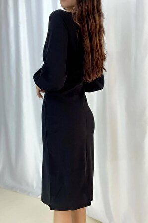 Siyah Kruvaze Yaka Kol Manşetli Midi Elbise