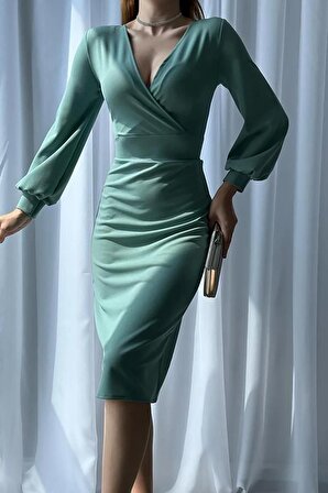 Mint Yeşili Kruvaze Yaka Kol Manşetli Midi elbise