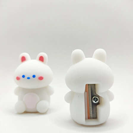 Minik Tavşan Silgili Kalemtraş Rabbit 3D Şekilli Silikon Kalemtraş - Beyaz