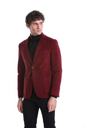 Bordo Slim Fit Düz Mono Yaka Pamuklu Kadife Ceket | 56