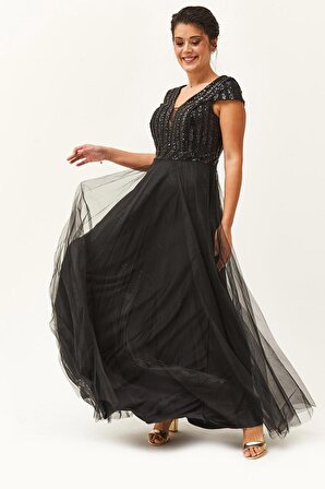 Kadın Büyük Beden Payet Ve Tül Detaylı Uzun Siyah Abiye & Gece Elbisesi