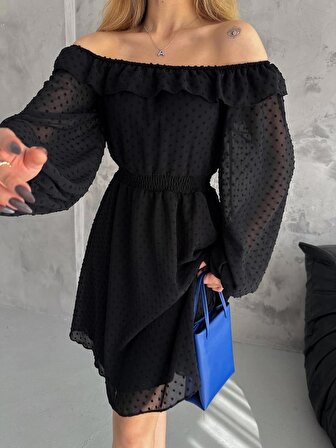 Brg Clothing Siyah Kurusu Yakası Fırfırlı Kayık Yaka Şifon Astarlı Belden Oturan Elbise