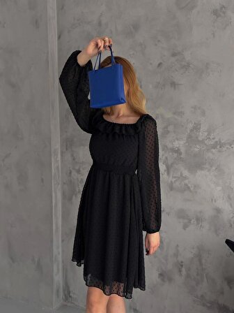 Brg Clothing Siyah Kurusu Yakası Fırfırlı Kayık Yaka Şifon Astarlı Belden Oturan Elbise