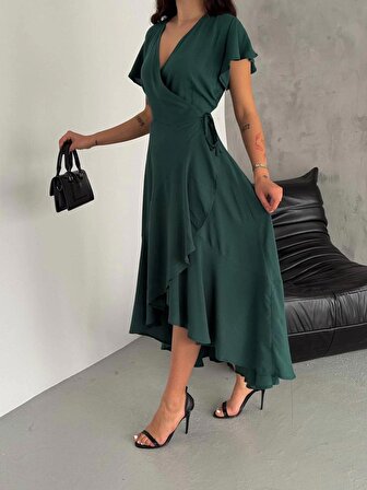 Brg Clothing Petrol Yeşili Rengi Dökümlü Eteği Volanlı Yandan Bağcıklı Elbise