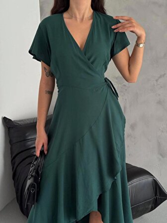 Brg Clothing Petrol Yeşili Rengi Dökümlü Eteği Volanlı Yandan Bağcıklı Elbise