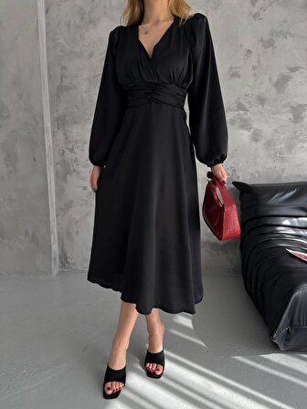 Brg Clothing Siyah Krem Dökümlü Saten Belden Büzgülü Elbise