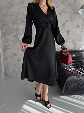 Brg Clothing Siyah Krem Dökümlü Saten Belden Büzgülü Elbise